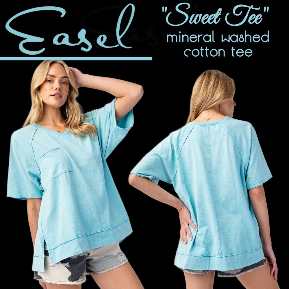 EASEL “Sweet Tee" Mineral Wash All Cotton V-Neck Tee Raw Seams Pocket Side Slits